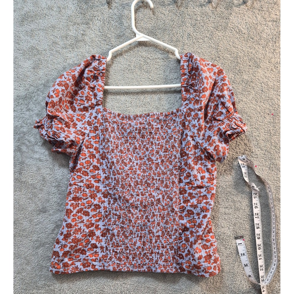 Madewell Floral Button Front Smocked Back Puff Sleeve Top Rust Blue Size 4 - Picture 2 of 7